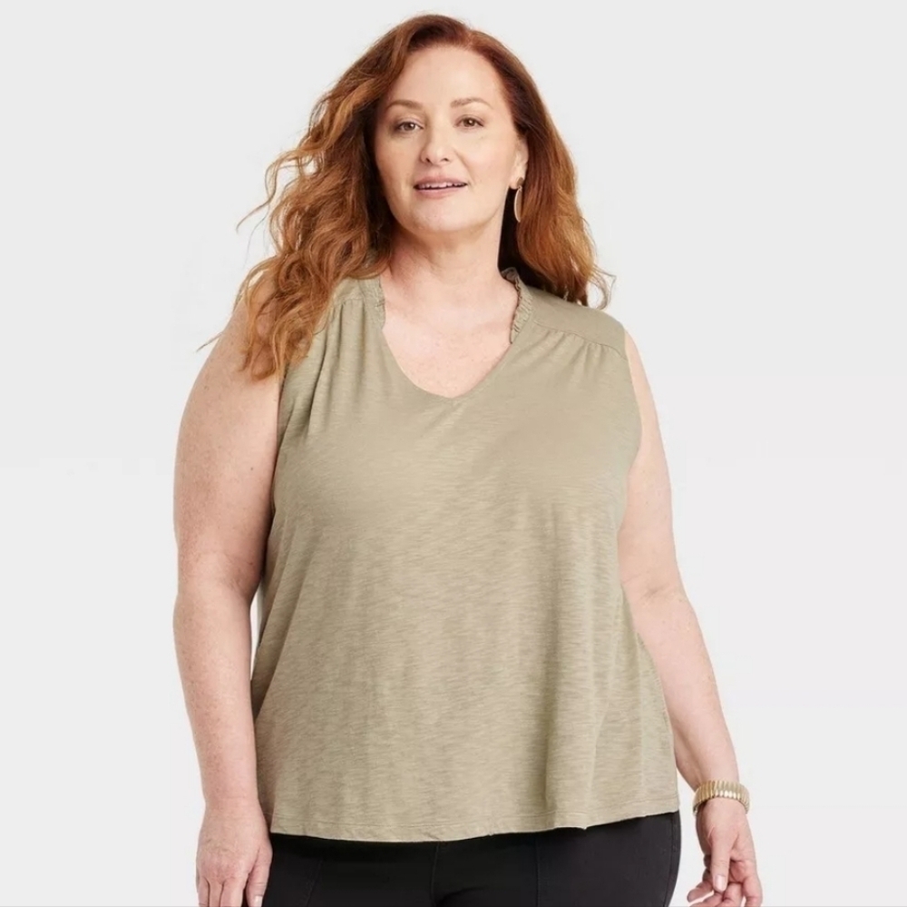 NWT Knox Rose Women's Ruffle Olive Green Sleeveless Blouse Top 3X